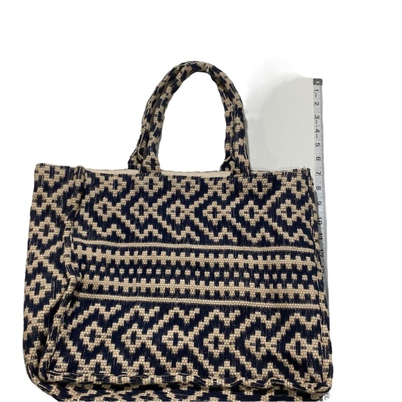 H&M Jacquard-Weave Handbag Large-Sized Brown & Blue Canvas Open Tote Bag Jute - Picture 6 of 10